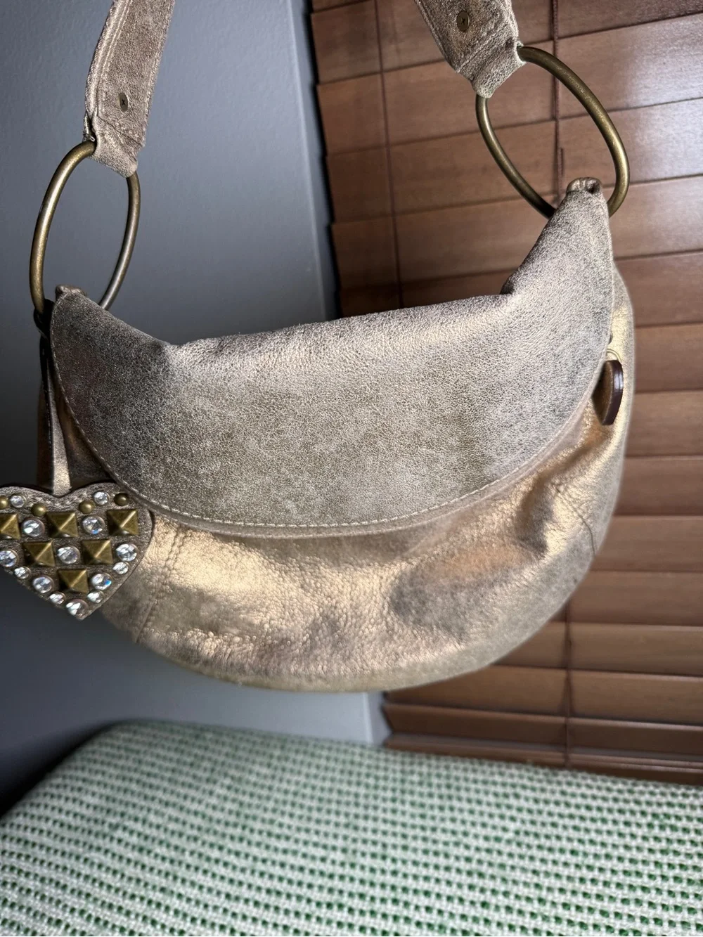 Juicy Couture Metallic Bronze Shoulder Bag with Studded Heart Charm